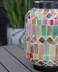 Solar Lighted Metal and Glass Mosaic Lantern Multicolour