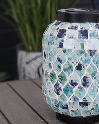 Solar Lighted Metal and Glass Mosaic Lantern Light Blue