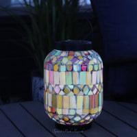 Solar Lighted Metal and Glass Mosaic Lantern Multicolour