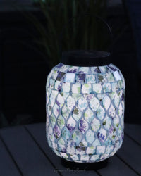 Solar Lighted Metal and Glass Mosaic Lantern Light Blue