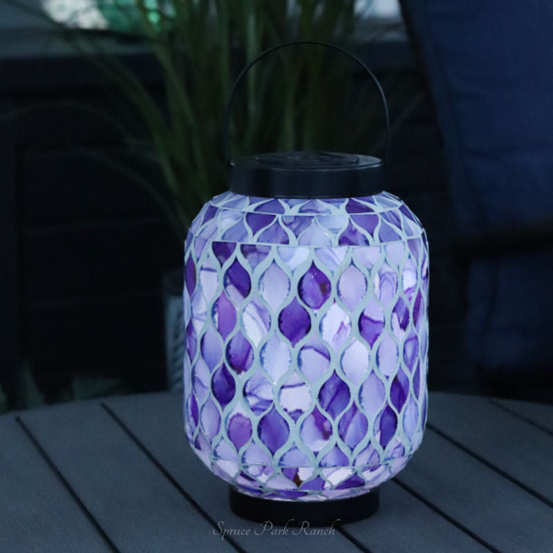 Solar Lighted Metal and Glass Mosaic Lantern Dark Blue