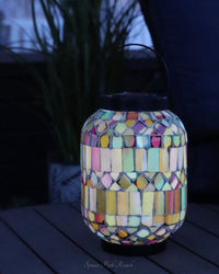 Solar Lighted Metal and Glass Mosaic Lantern Multicolour