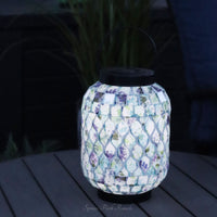 Solar Lighted Metal and Glass Mosaic Lantern Light Blue