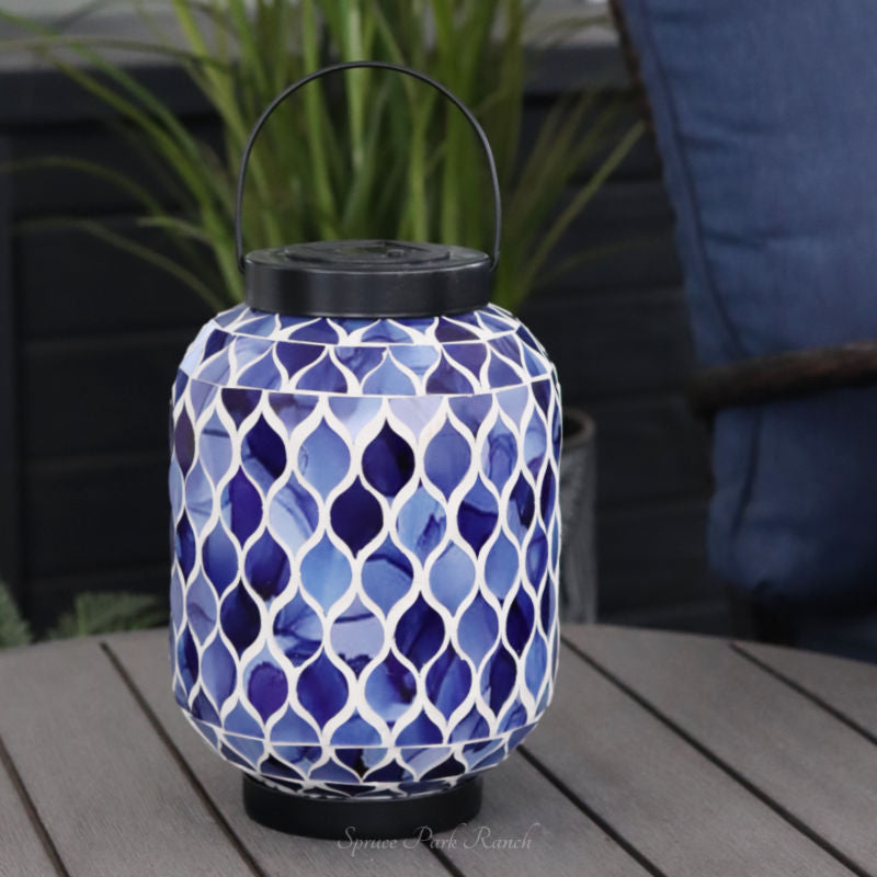 Solar Lighted Metal and Glass Mosaic Lantern Dark Blue