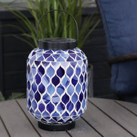 Solar Lighted Metal and Glass Mosaic Lantern Dark Blue