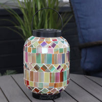 Solar Lighted Metal and Glass Mosaic Lantern Multicolour