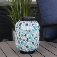 Solar Lighted Metal and Glass Mosaic Lantern Light Blue