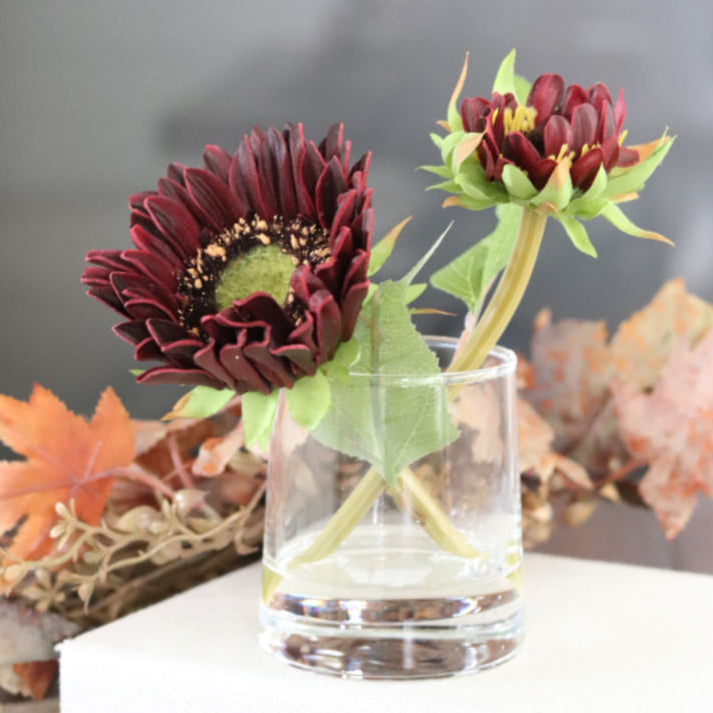 Sunflower in Vase With Faux Water Burgundy Real Touch