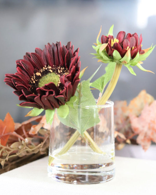 Sunflower in Vase With Faux Water Burgundy Real Touch