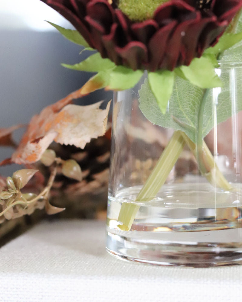 Sunflower in Vase With Faux Water Burgundy Real Touch