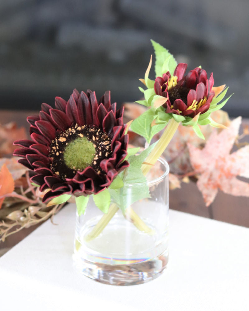 Sunflower in Vase With Faux Water Burgundy Real Touch