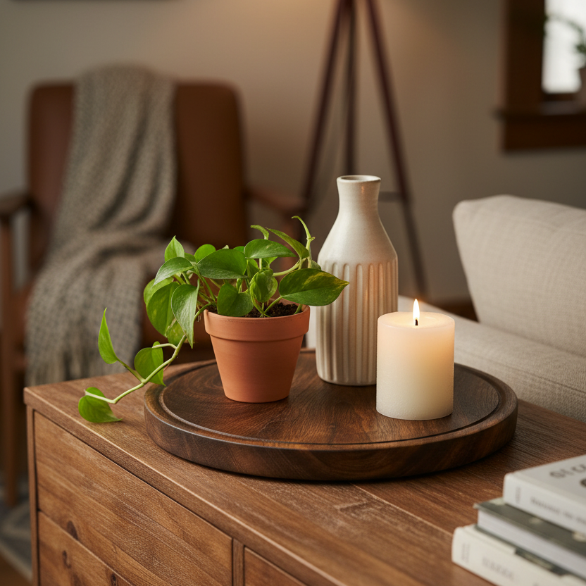 Dark Wood Round Plate Tray