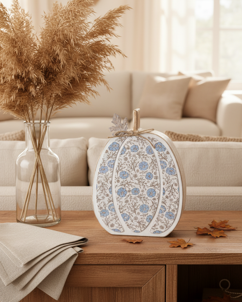 Fall Folk Blue Floral Pumpkin Block