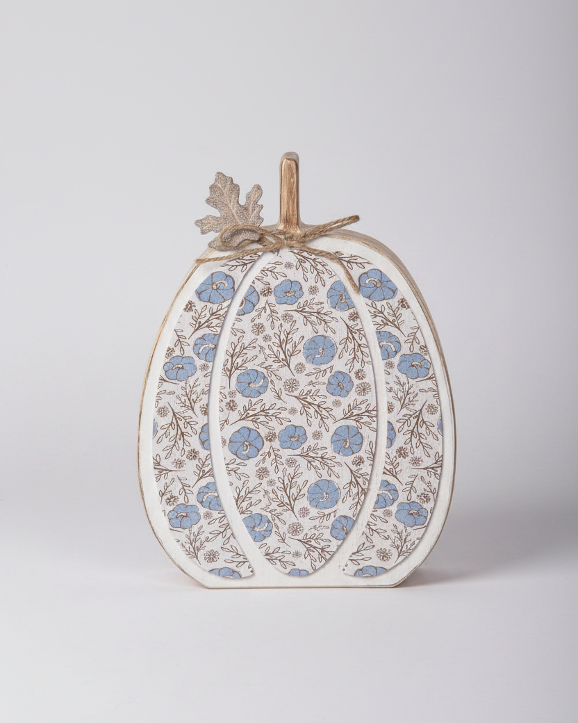 Fall Folk Blue Floral Pumpkin Block