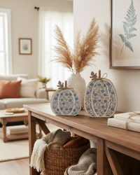 Fall Folk Blue Floral Pumpkin Block