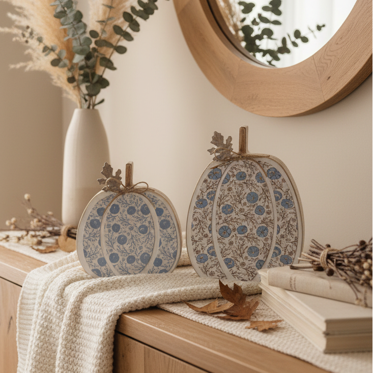 Fall Folk Blue Floral Pumpkin Block