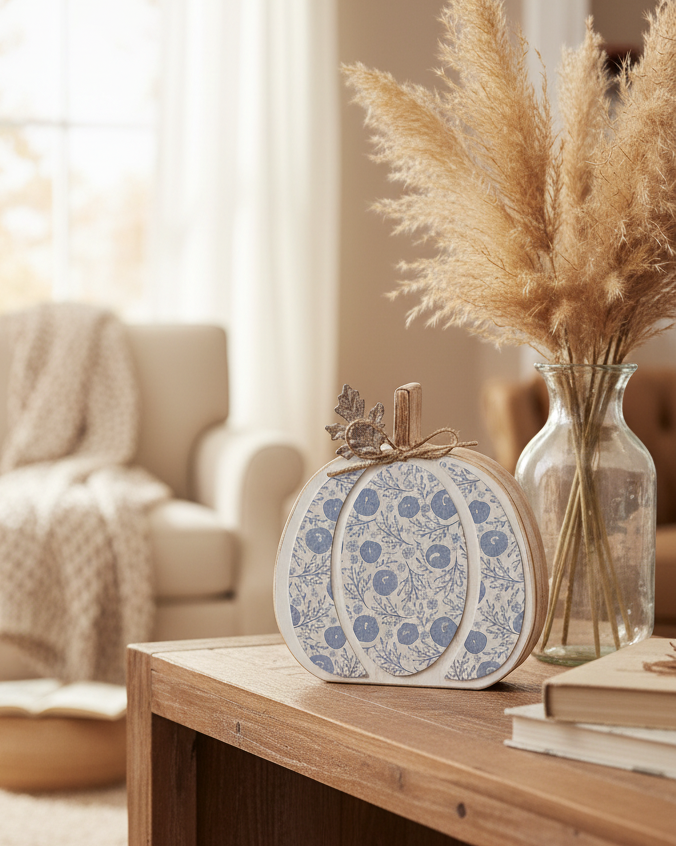 Fall Folk Blue Floral Pumpkin Block