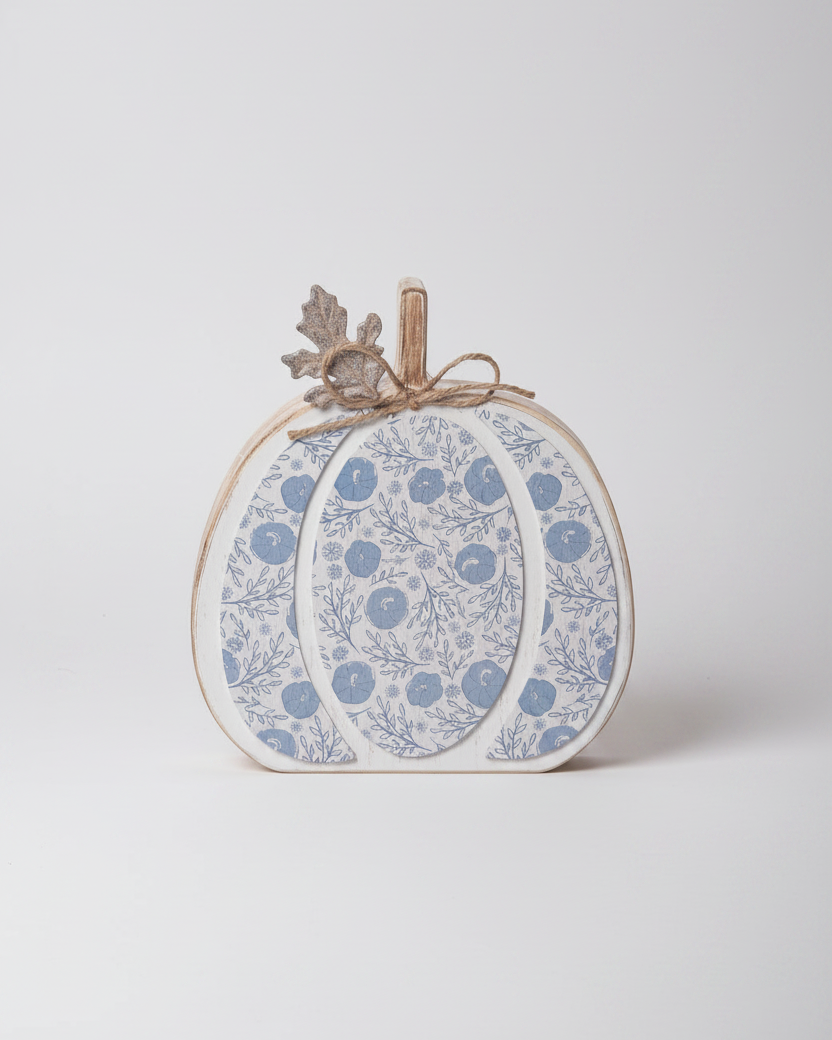 Fall Folk Blue Floral Pumpkin Block