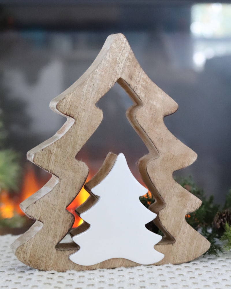 Wood Trees With White Enameled Cutout Centre