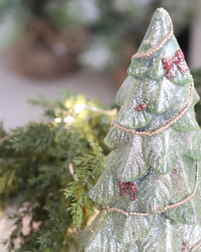 Green Glitter Trees With Garland and Bows