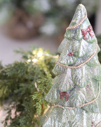 Green Glitter Trees With Garland and Bows