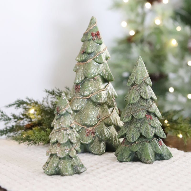 Green Glitter Trees With Garland and Bows