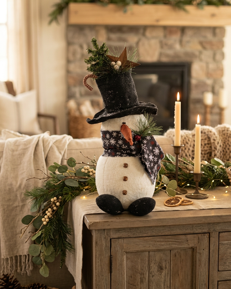 Tree Top Hat Snowman With Snowflake Scarf 18.5