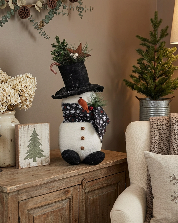 Tree Top Hat Snowman With Snowflake Scarf 18.5