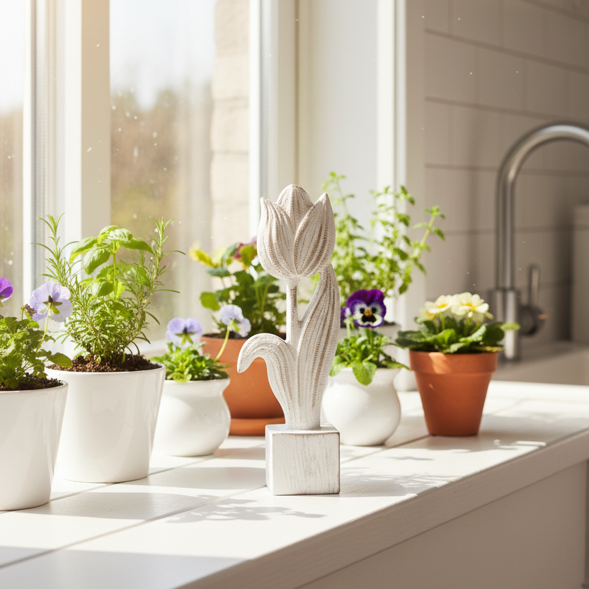 Distressed Wooden Tulip on Block 8"H