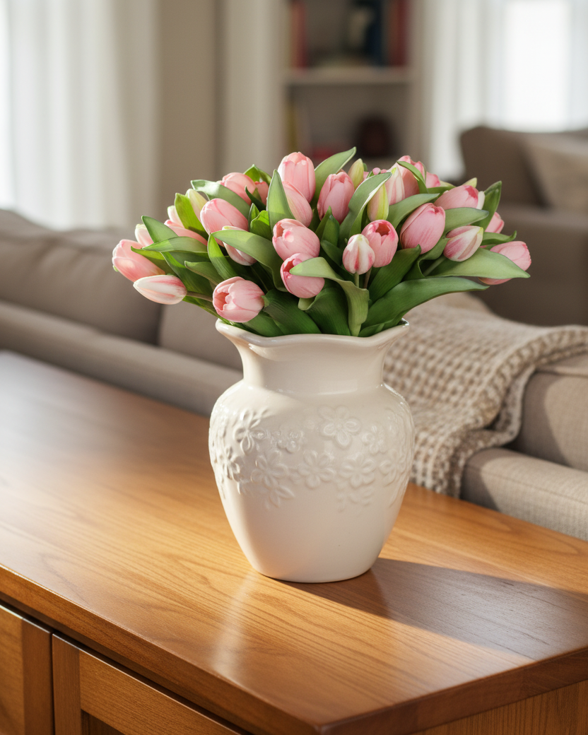 Tulip Bundle Pink Flower and Bud Real Touch 12"
