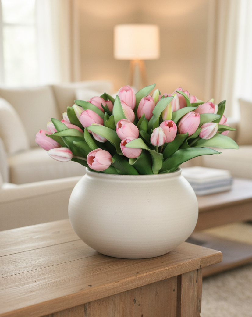 Tulip Bundle Pink Flower and Bud Real Touch 12"