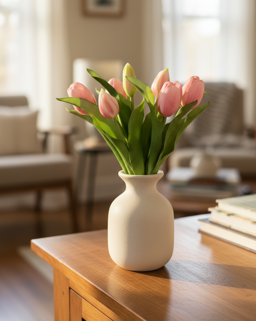 Tulip Bundle Pink Flower and Bud Real Touch 12"