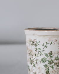 Cream and Green Floral Ceramic Pot