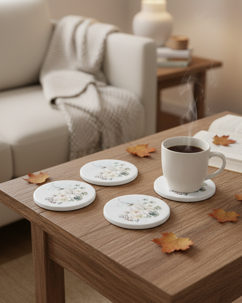 Vintage Autumn Pumpkin Coasters Set of 4 - White Pumpkins