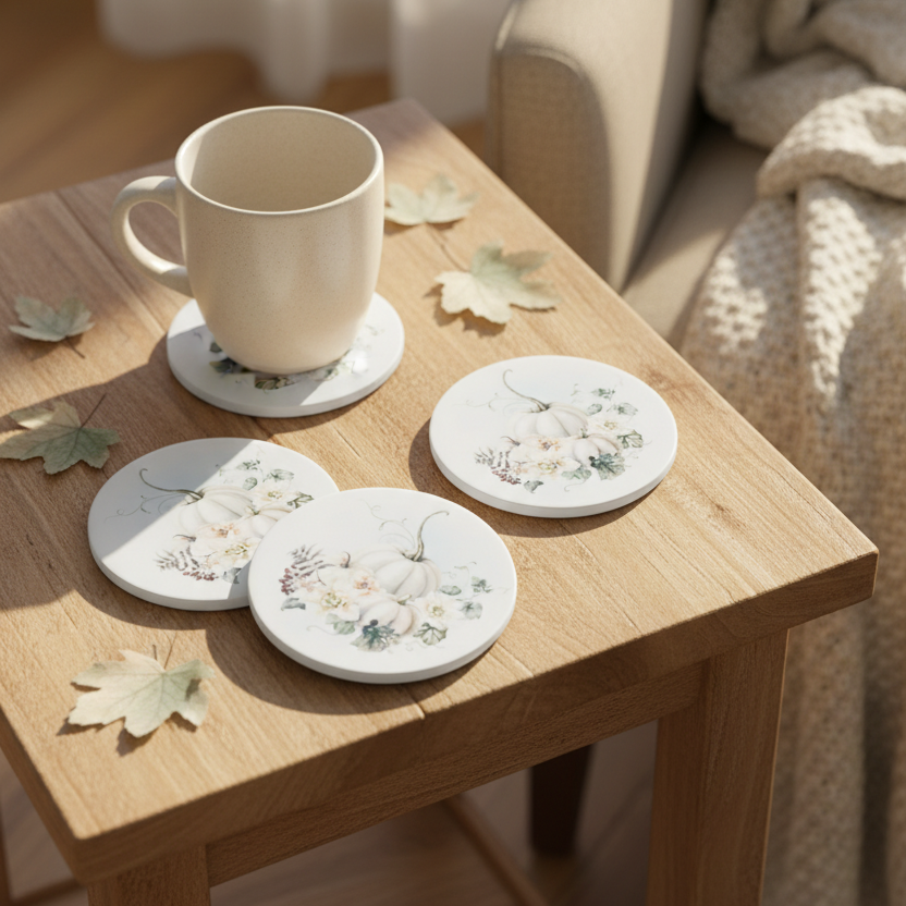 Vintage Autumn Pumpkin Coasters Set of 4 - White Pumpkins