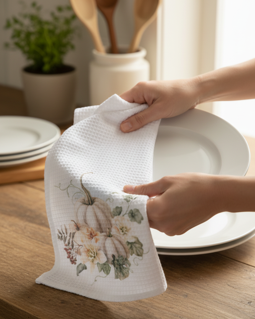 Vintage Autumn Hand Towel - White Pumpkin and Berries