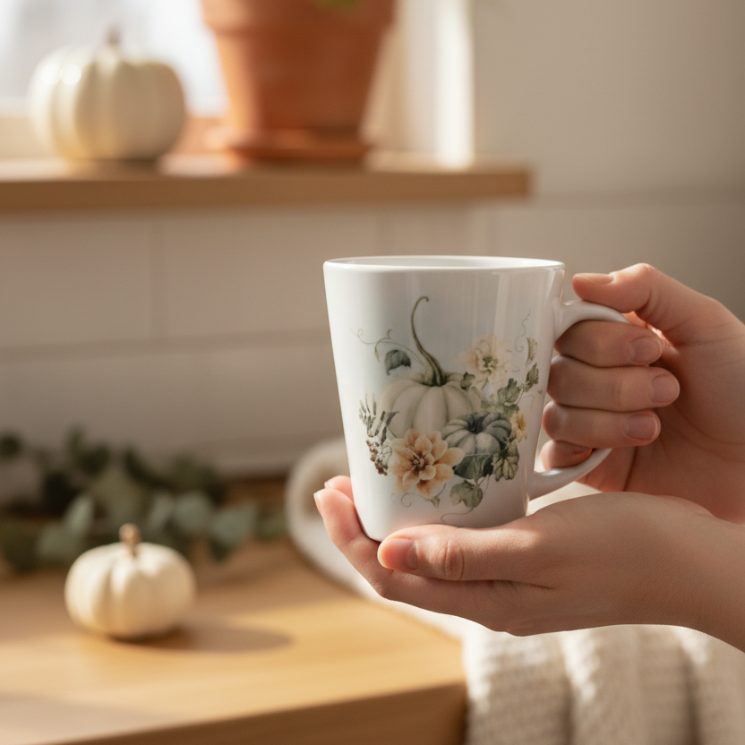 Vintage Autumn Coffee Mug - Ivory & Green Pumpkin Bouquet