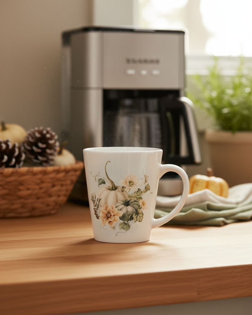 Vintage Autumn Coffee Mug - Ivory & Green Pumpkin Bouquet