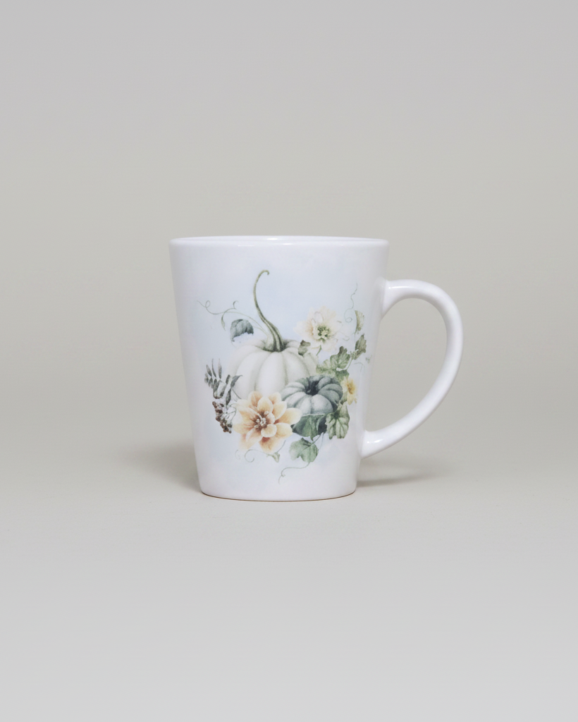 Vintage Autumn Coffee Mug - Ivory & Green Pumpkin Bouquet