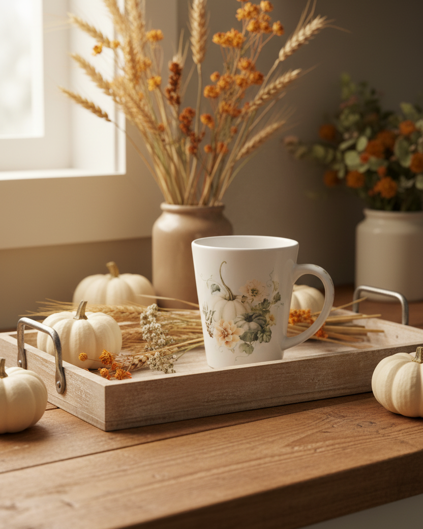 Vintage Autumn Coffee Mug - Ivory & Green Pumpkin Bouquet