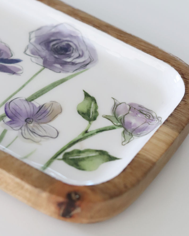 Violet Meadows Flowers Wood Tray
