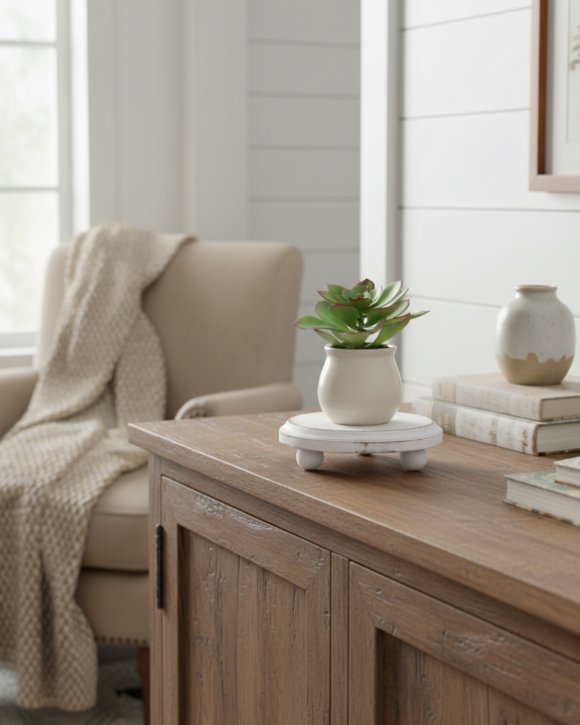 White Wood Round Distressed Riser