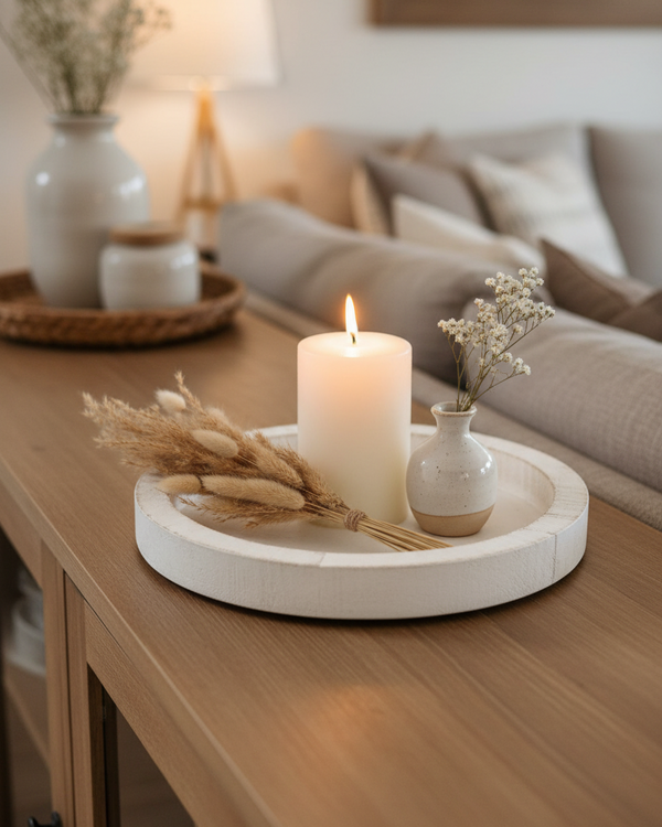 Distressed White Round Wood Tray