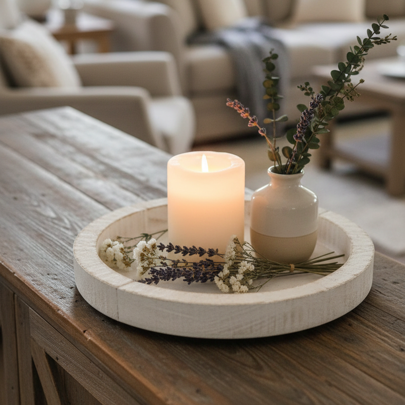 Distressed White Round Wood Tray