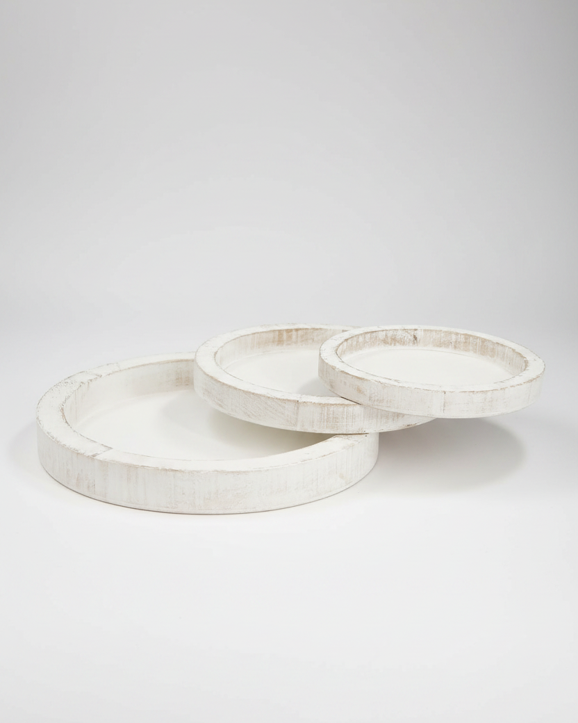 Distressed White Round Wood Tray