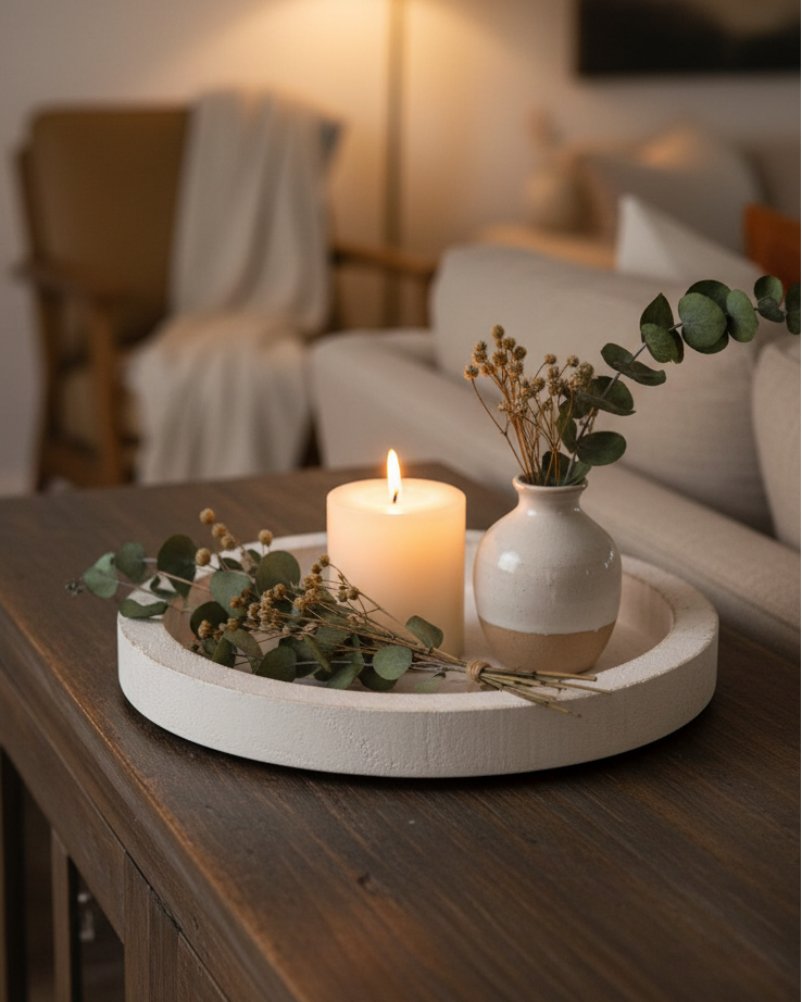 Distressed White Round Wood Tray