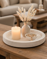 Distressed White Round Wood Tray
