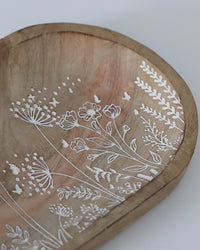 Flower Carved Wood Oval Bowl