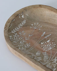 Flower Carved Wood Oval Bowl