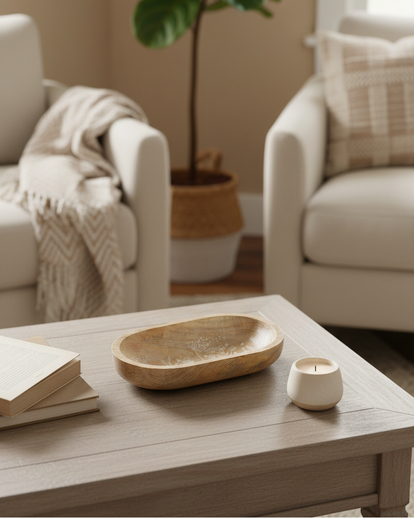 Flower Carved Wood Oval Bowl